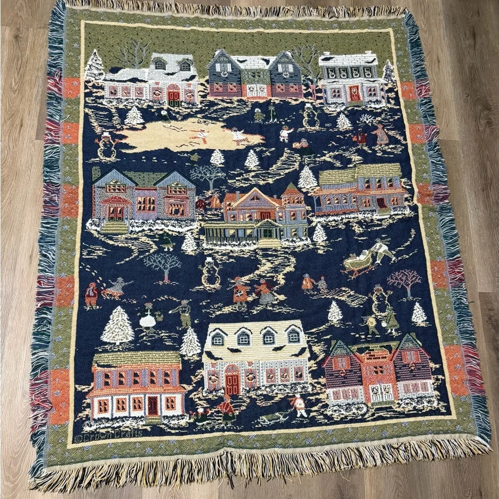 Vintage Winter Scene Village Ice Skating Tapestry Throw Blanket 45 X 55